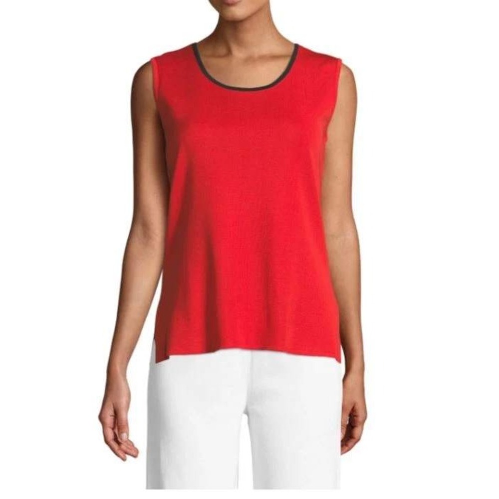 Misook Red Knit Tank Top Scoop Neck Sleeveless Shell Side Slit Pullover Size XL